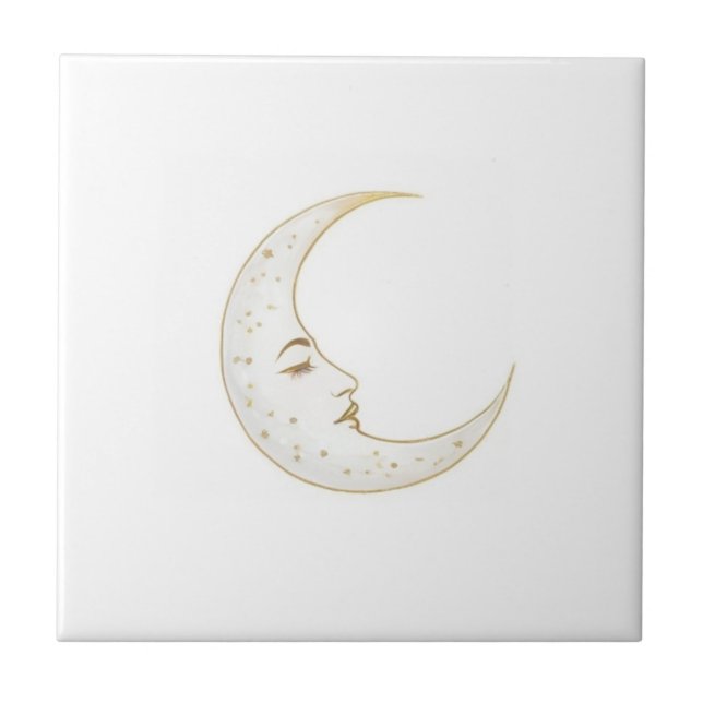 Azulejo De Cerâmica Lua Crescente Celestial Face Dourado Prata Branco (Frente)