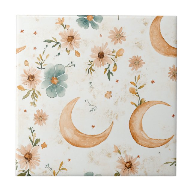 Azulejo De Cerâmica Lua Crescente Celestial Floral Dourado Brilho (Frente)