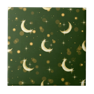 Azulejo De Cerâmica Lua Crescente Dourada Bokeh - Estrelas Celestiais