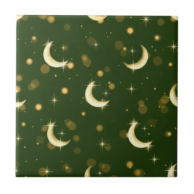 Azulejo De Cerâmica Lua Crescente Dourada Bokeh - Estrelas Celestiais (Frente)