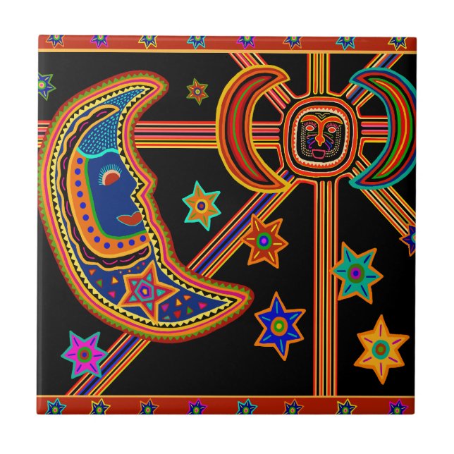 Azulejo De Cerâmica Lua Crescente Estelar e Sol (Frente)