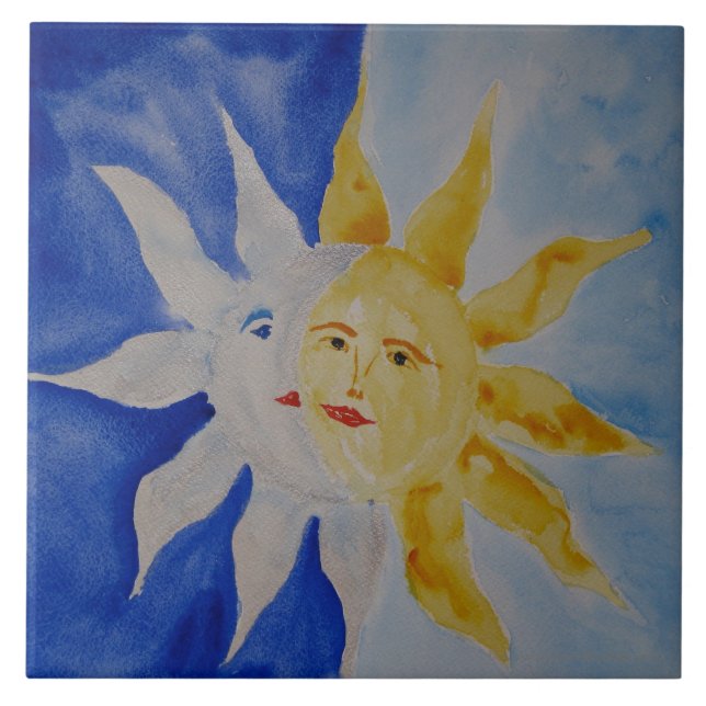 Azulejo De Cerâmica Lua e aguarela de Sun (Frente)
