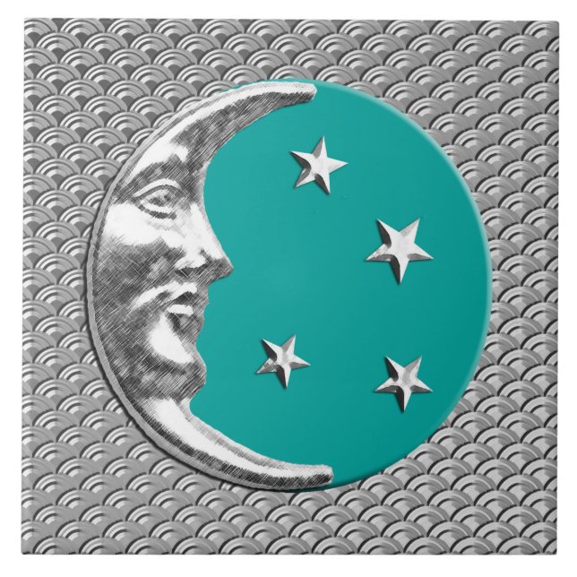 Azulejo De Cerâmica Lua e estrelas Art Déco - Turquesa & Prata (Frente)