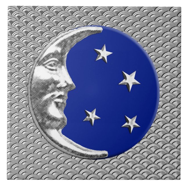 Azulejo De Cerâmica Lua e estrelas do art deco - azuis cobaltos e (Frente)