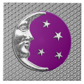 Azulejo De Cerâmica Lua e estrelas do art deco - roxo & de prata