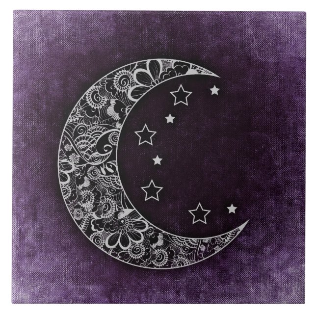 Azulejo De Cerâmica Lua e estrelas do Crescente Floral ouro em Roxo (Frente)
