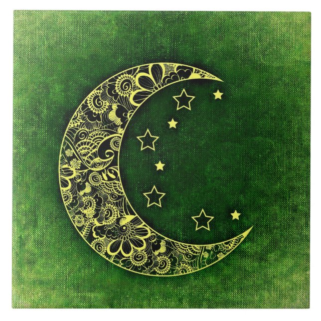 Azulejo De Cerâmica Lua e estrelas do Crescente Floral ouro em Verde (Frente)
