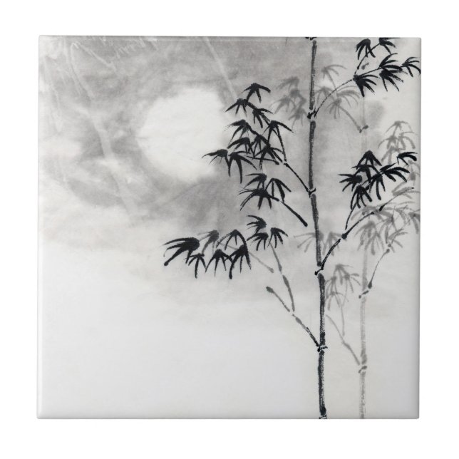 Azulejo De Cerâmica Lua japonesa clássica do bambu da arte da pintura (Frente)