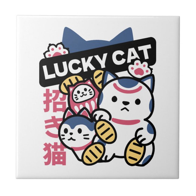 Azulejo De Cerâmica Lucky Cat Maneki Neko – Japanese Fortune Cat  (Frente)
