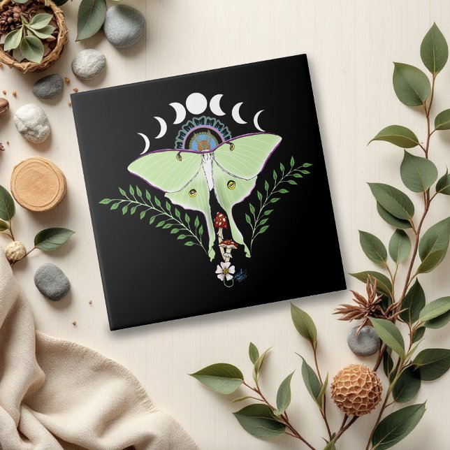 Azulejo De Cerâmica Luna Moth Fases da Lua Preta (Criador carregado)