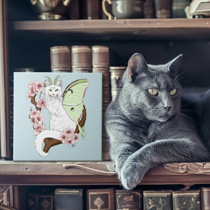 Azulejo De Cerâmica Luna Moth Moon White Cat Green
