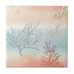 Azulejo De Cerâmica Lux Aquarela Costeira Coral & Ondas do Oceano (1)