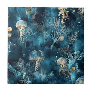 Azulejo De Cerâmica Lux Oceano Jellyfish & Coral Dourado Padrão (2)