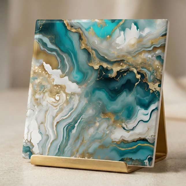 Azulejo De Cerâmica Luxe Teal Turquoise & Gold Agate Marble Fluid Art (Criador carregado)