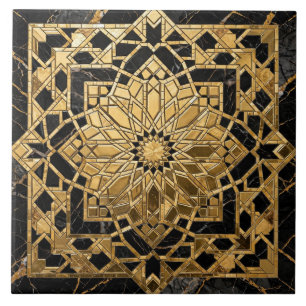 Azulejo De Cerâmica Luxo 3D Folha de Ouro Mármore Preto Zellij Marroqu