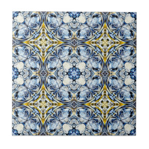 Azulejo De Cerâmica Luxo, elegante, vinha, amarelo-mostarda, azul-mari