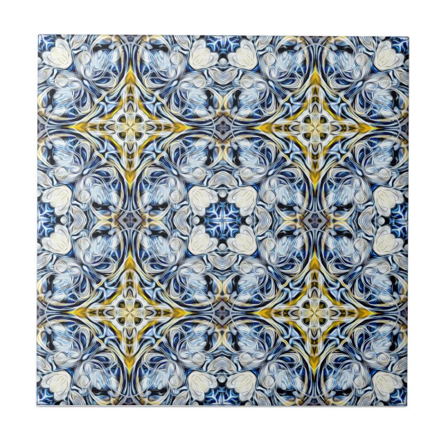 Azulejo De Cerâmica Luxo, elegante, vinha, amarelo-mostarda, azul-mari (Frente)
