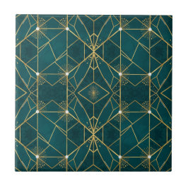 Azulejo De Cerâmica Luxo em Azul Turquesa e Dourado Simétrico Geométri