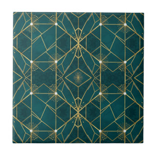 Azulejo De Cerâmica Luxo em Azul Turquesa e Dourado Simétrico Geométri
