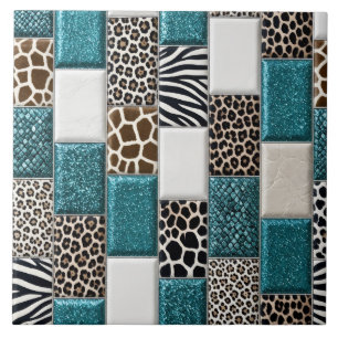 Azulejo De Cerâmica Luxo em Estampa Animal Azul Brilhante com Brilho