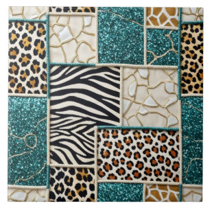 Azulejo De Cerâmica Luxo em Estampa Animal Azul Brilhante Falso Brilho