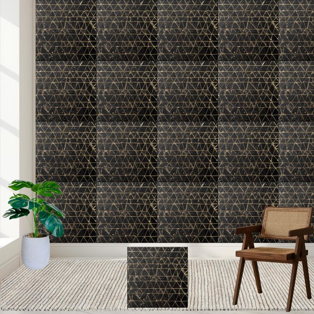 Azulejo De Cerâmica Luxo Moderno Dourado Glitter Preto Geométrico Únic (Geometric Black Gold Glitter Unique Modern Luxury Ceramic Tile)