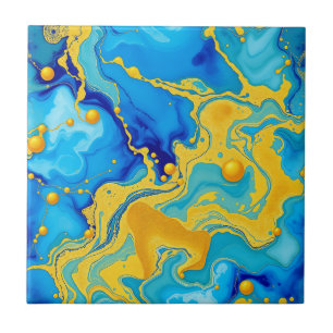 Azulejo De Cerâmica Luxuoso Azul e Dourado Abstrato de Tinta Alcoólica