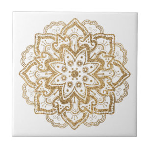 Azulejo De Cerâmica Luxurioso Faux Dourado Glitter Boho Mandala White