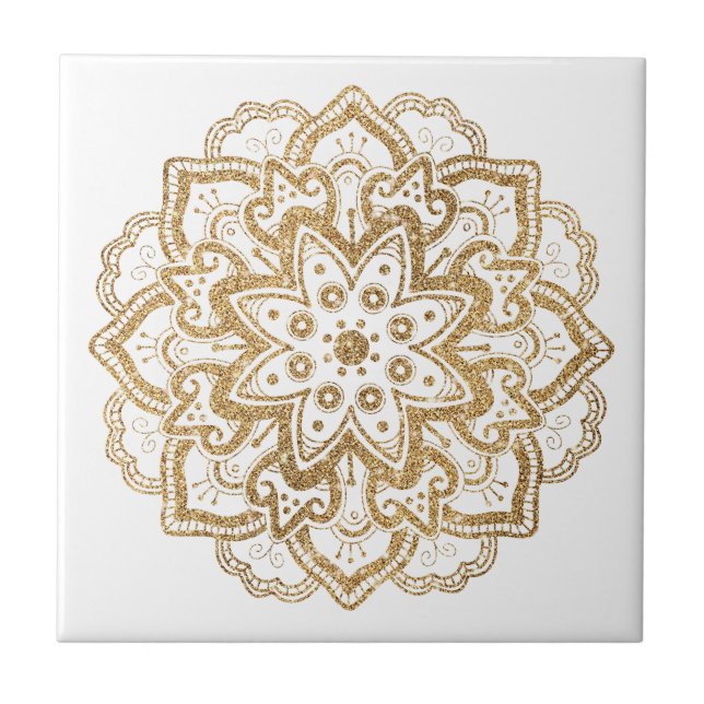 Azulejo De Cerâmica Luxurioso Faux Dourado Glitter Boho Mandala White (Frente)