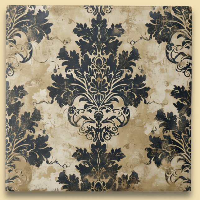 Azulejo De Cerâmica Luxurioso Ivory Damask Elegante Black Beige (Criador carregado)