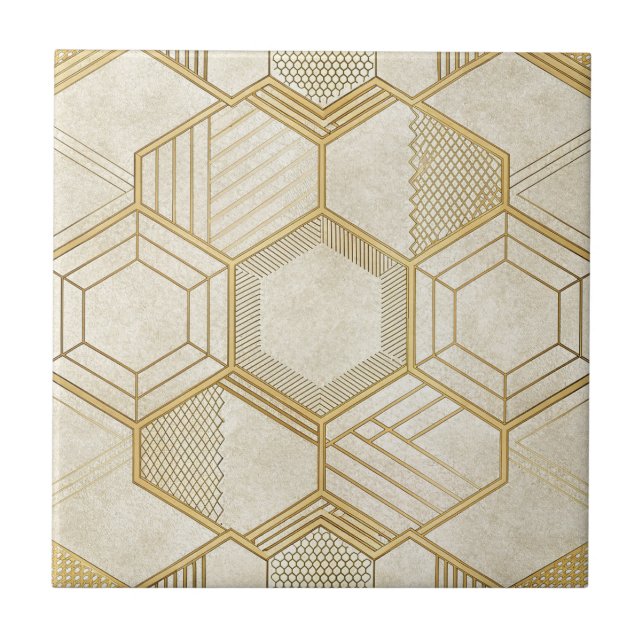 Azulejo De Cerâmica Luxurious Gold Hexagon Pattern - Marble Texture 2 (Frente)