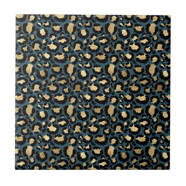 Azulejo De Cerâmica Luxurious Leopard Spots Dark Blue Wild Glam (Frente)
