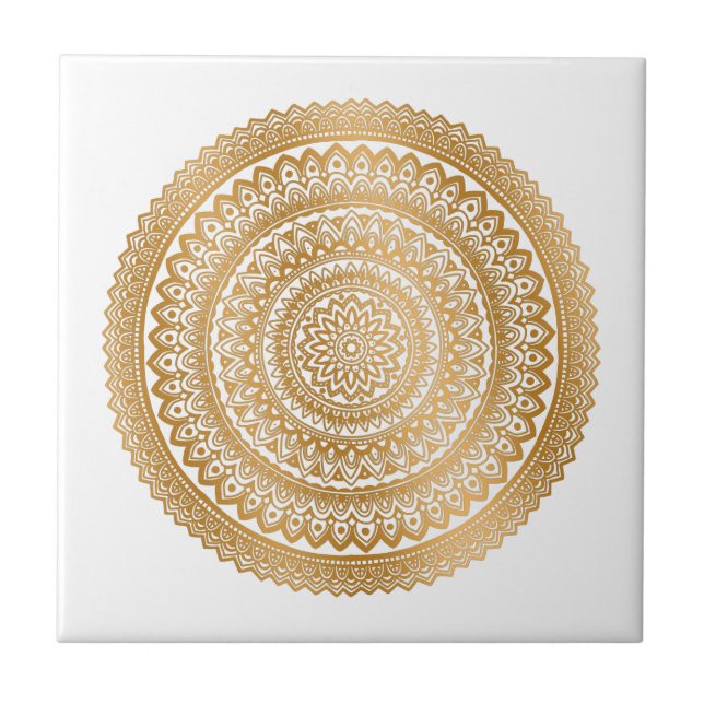 Azulejo De Cerâmica Luxury Boho Faux Dourado Mandala White (Frente)