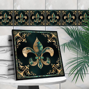 Azulejo De Cerâmica Luxury Fleur-de-lis - Abalone Shell e Dourado