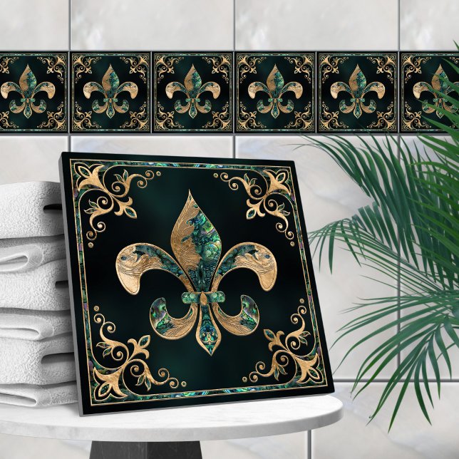Azulejo De Cerâmica Luxury Fleur-de-lis - Abalone Shell e Dourado (Criador carregado)