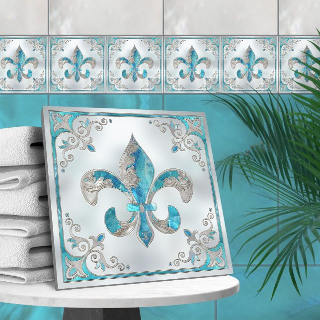 Azulejo De Cerâmica Luxury Fleur-de-lis - Aquamarine e Pérolas (Criador carregado)
