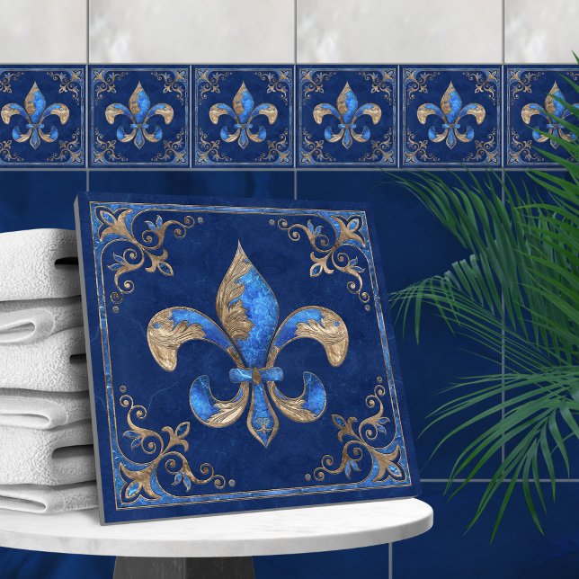 Azulejo De Cerâmica Luxury Fleur-de-lis - mármore azul e ouro (Criador carregado)
