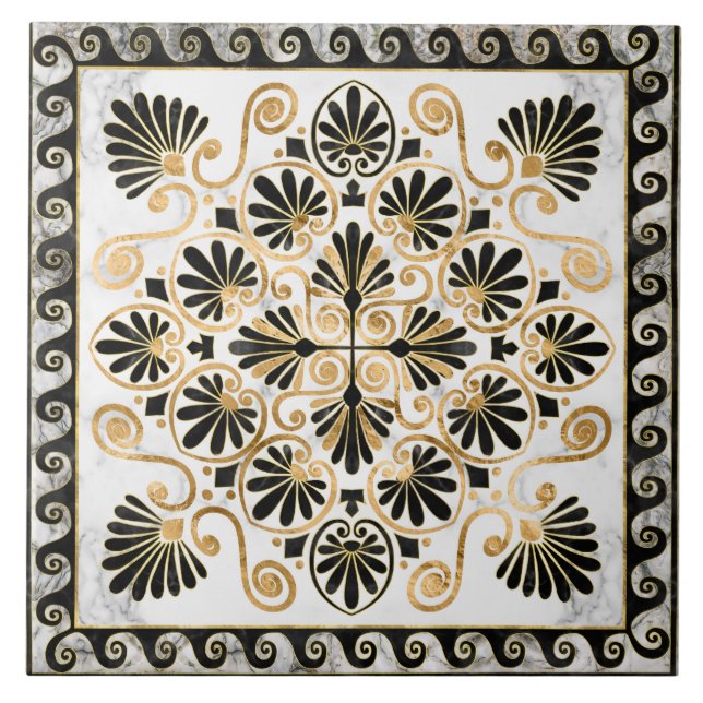 Azulejo De Cerâmica Luxury Greek Ornament Black and White Marble (Frente)