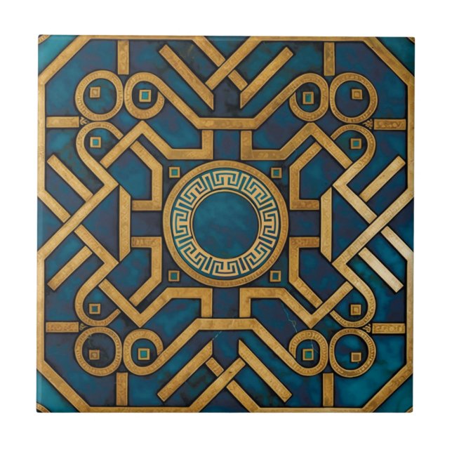 Azulejo De Cerâmica Luxury Marble art Deco Blue Dourado Chave Grega (Frente)