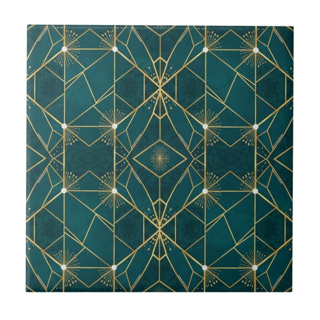 Azulejo De Cerâmica Luxury Teal & Gold Symmetrical Geometric Seamless  (Frente)