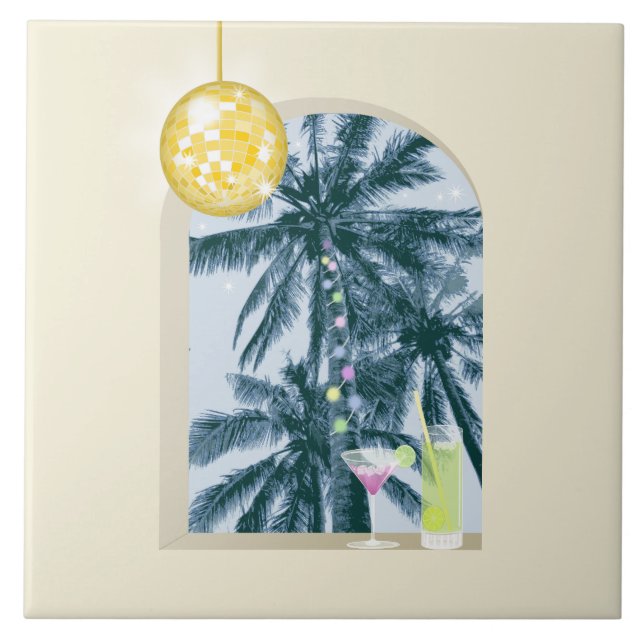 Azulejo De Cerâmica Luzes de festa Cocktails Disco Palmas em Amarelo (Frente)