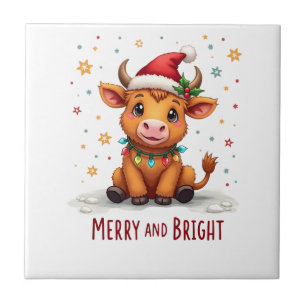 Azulejo De Cerâmica Luzes de Natal de Bebê Vaca das Terras Altas Fofas