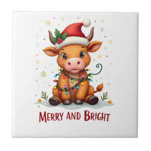 Azulejo De Cerâmica Luzes de Natal de Bebê Vaca das Terras Altas Fofas