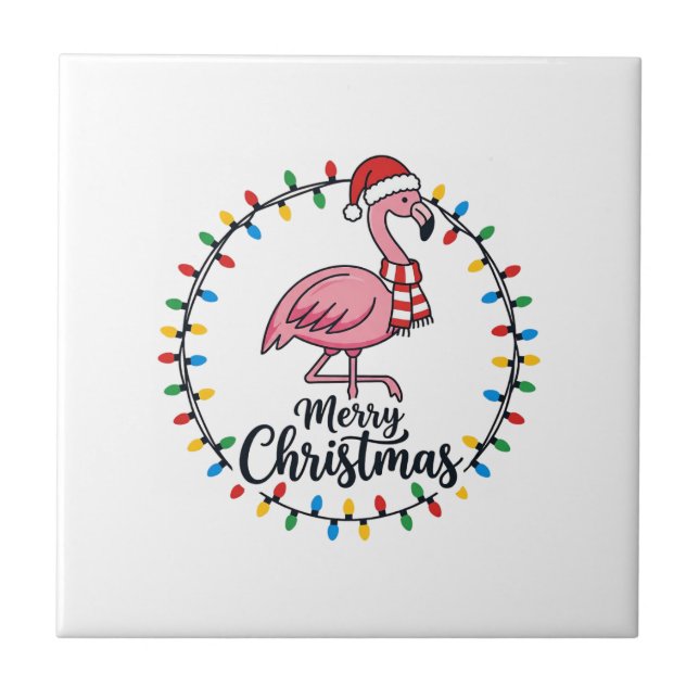 Azulejo De Cerâmica Luzes de Natal de Flamingo Feriado (Frente)