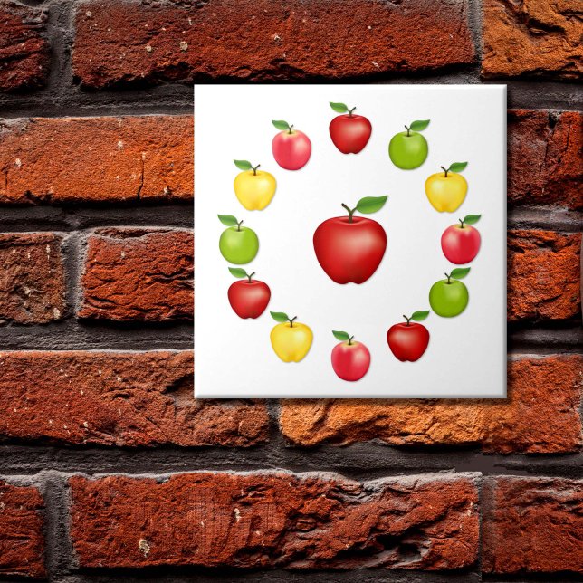 Azulejo de Cerâmica Maçãs (Apples Ceramic Tile. Fresh, natural fruit, Red Delicious, Granny Smith, Golden Delicious, Pink Lady.)