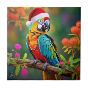Azulejo De Cerâmica Macaw de Natal Vestindo um Chapéu Santa- 56485