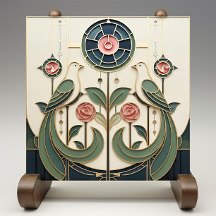 Azulejo De Cerâmica Mackintosh Rosa & Aves Art Nouveau Minimalista