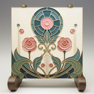 Azulejo De Cerâmica Mackintosh Rose Arte Nova Vidro Falso Manchado
