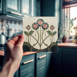 Azulejo De Cerâmica Mackintosh Rose Arte Nova Vidro Policromado Falso