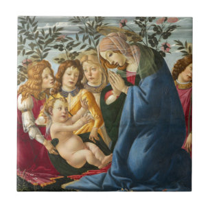 Azulejo De Cerâmica Madona Adorando a Criança com 5 Anjos Botticelli